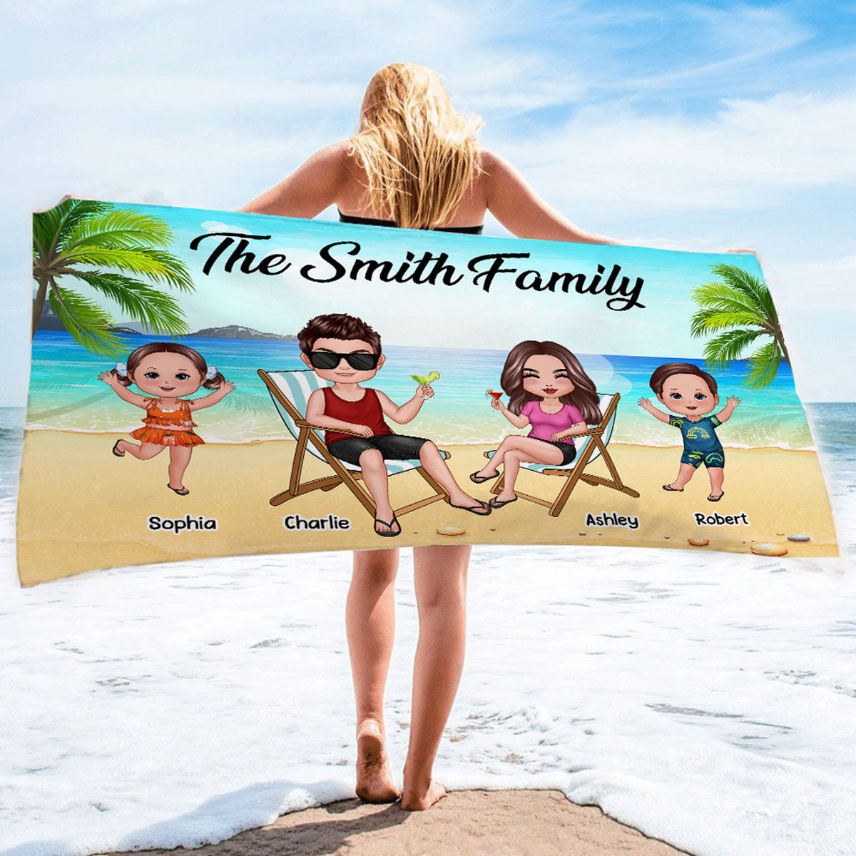 Summer Happy Whole Doll Family Couple Dad Mom Kids Dogs Cats Personalized Beach Towel