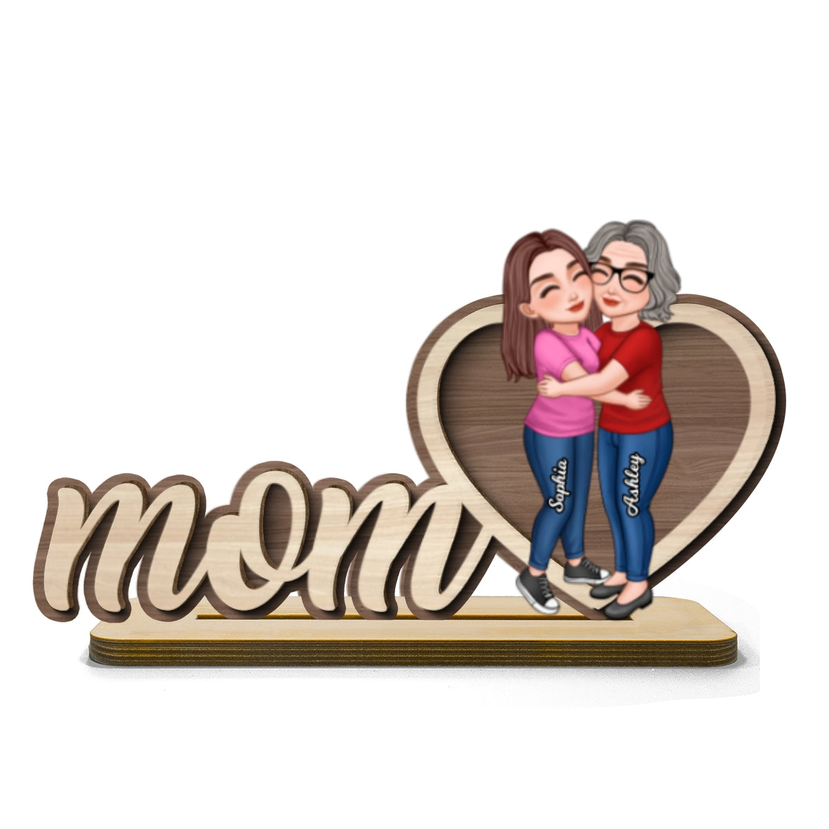 Mom Hugging Daughter Personalized 2-Layers Standing Wooden Plaque