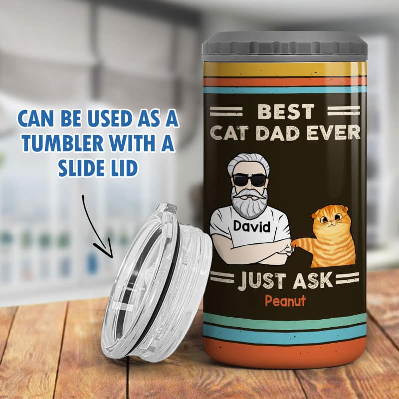 Best Cat Dad Ever Retro Personalized Tumbler 4 In 1 Can Cooler Christmas Gift For Dad