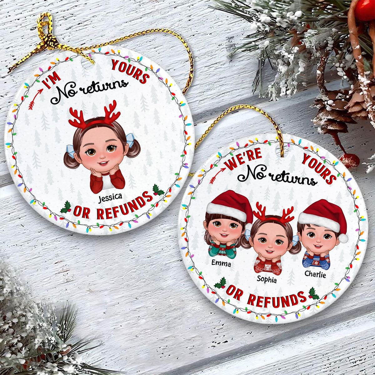 No Returns Or Refunds Grandkids Christmas Light Frame Personalized Circle Ceramic Ornament
