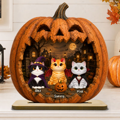 Spooky Halloween Pumpkin Cats - Personalized 2-Layered Wooden Plaque - Halloween Decor For Cat Lovers