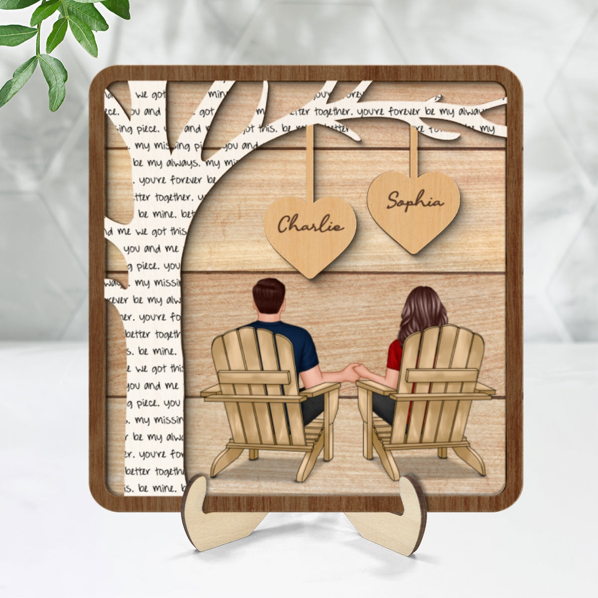 Couple Sitting Back View Under Text Tree Personalized 2-layer Wooden Plaque,  Gift For Him, For Her