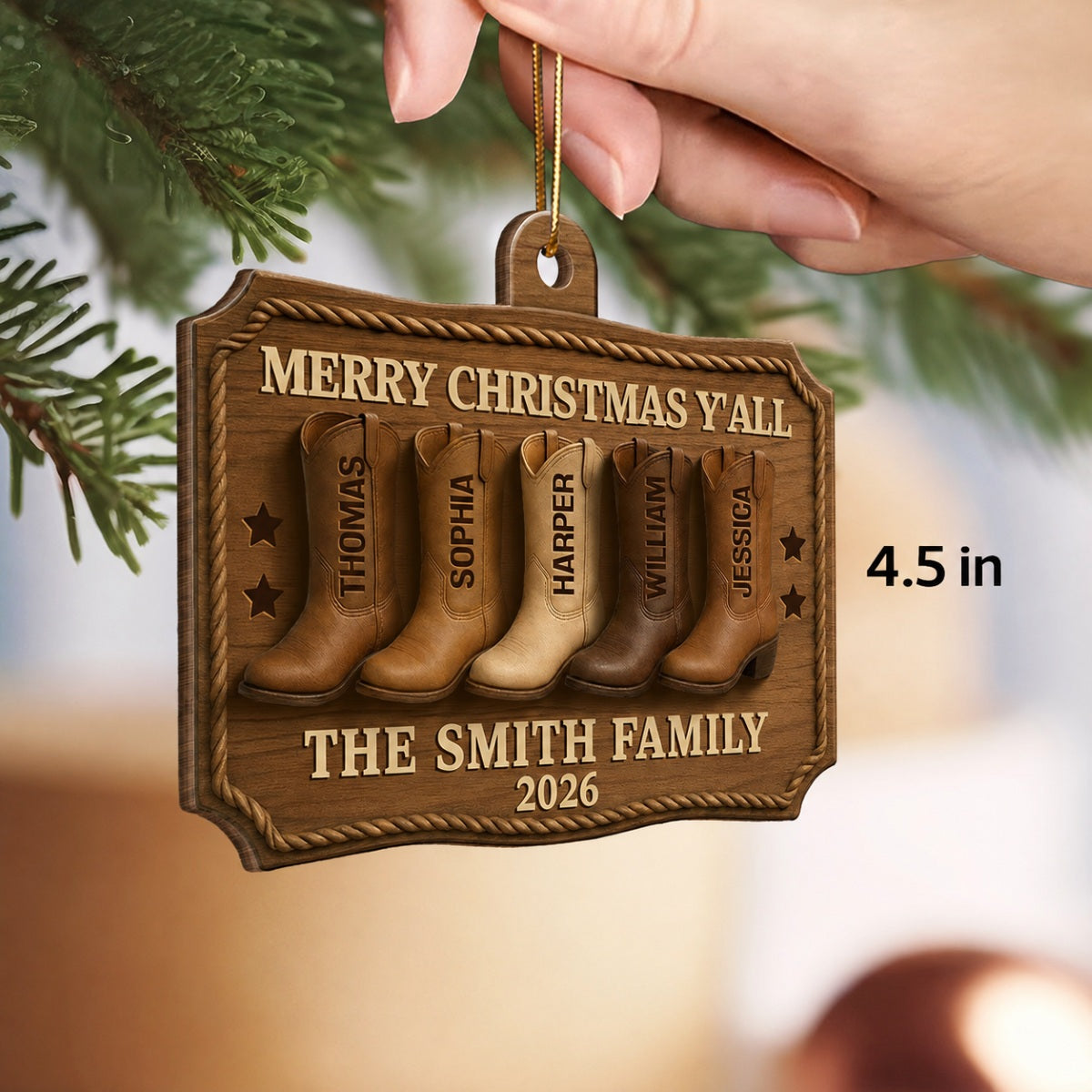 3D Effect Christmas Family Cowboy Boots Merry Christmas Y'all - Personalized Wooden Ornament - Gift For Family