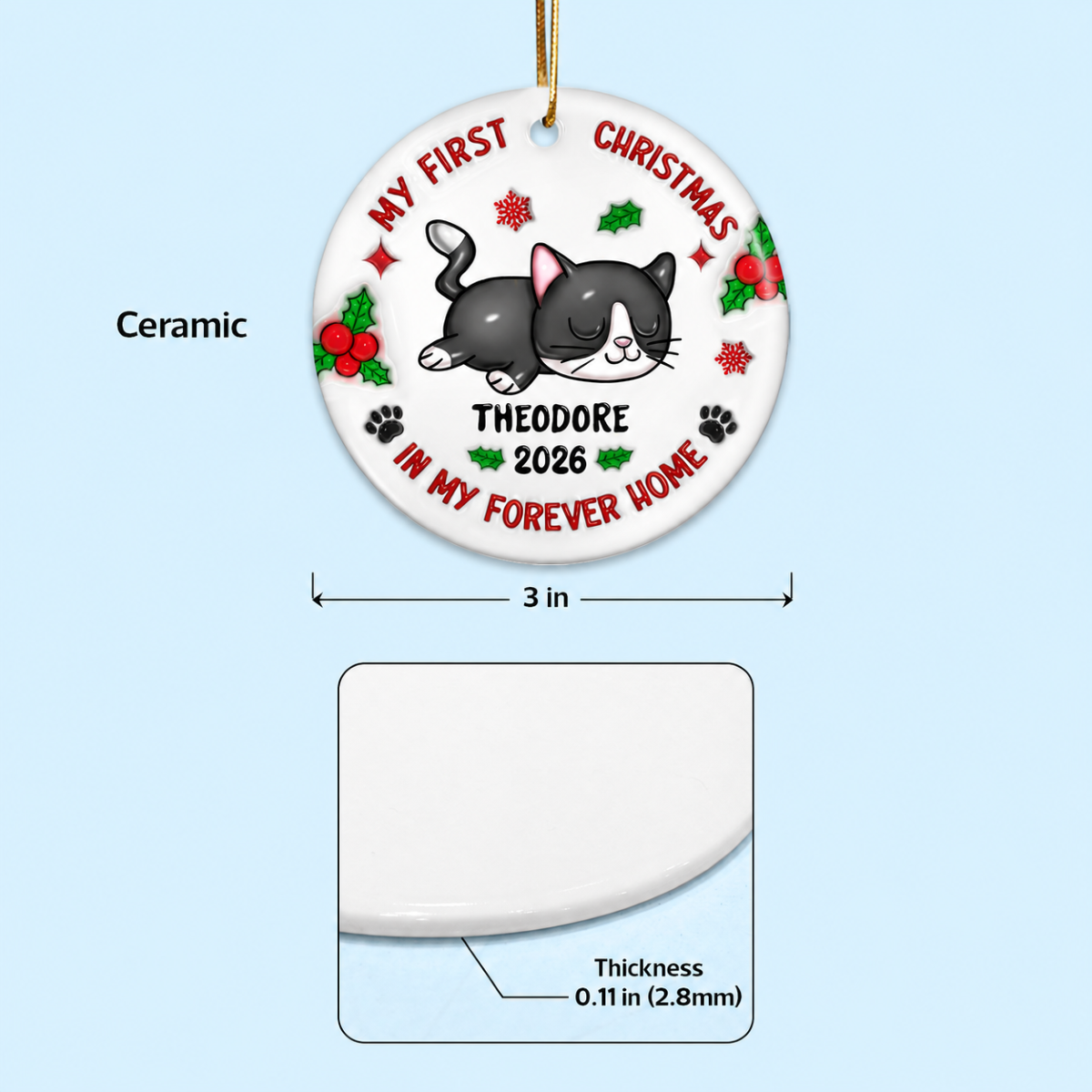 First Christmas In My Forever Home 3D Inflated Cat Lover Personalized Ceramic Ornament