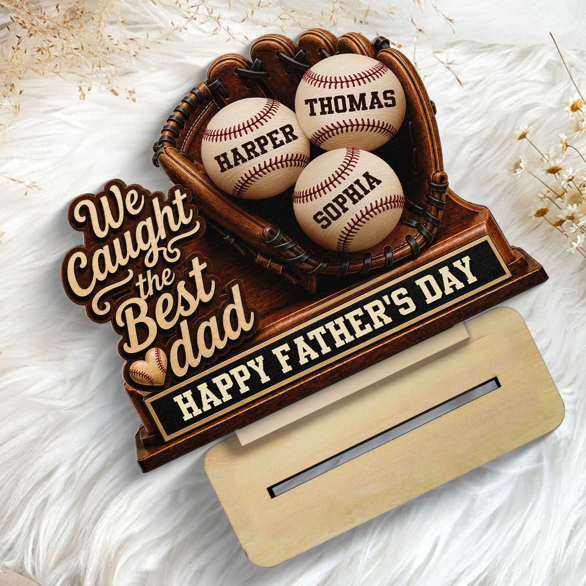 We Caught The Best Dad Baseball In Glove - Personalized 2-Layered Wooden Plaque - Happy Father's Day For Baseball Dad