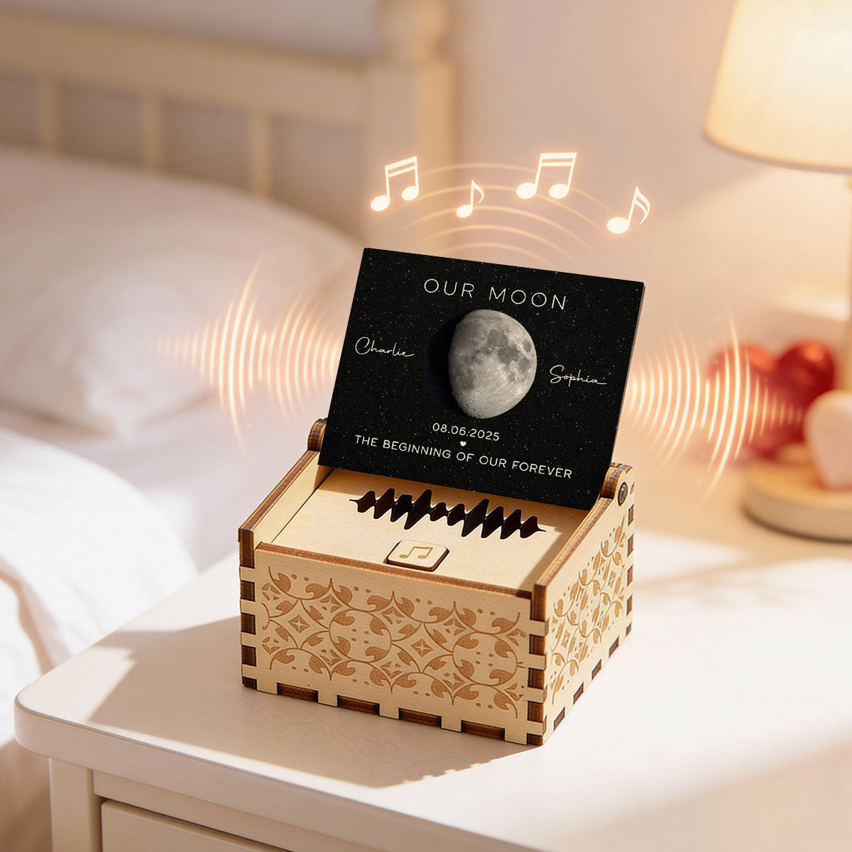 Our Moon Custom Moon Phase & Favorite Song - Personalized Wooden Music Box - Valentine's Day Gift For Him, Gift For Her