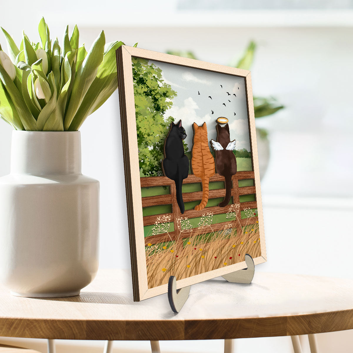 Cat Portrait Prints Cats Sitting on Fence in Countryside Personalized 2-Layer Wooden Plaque