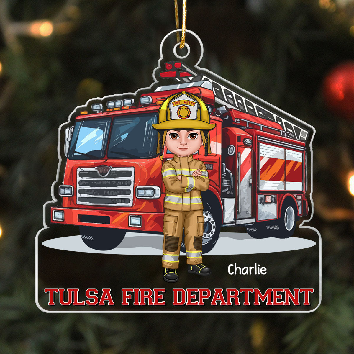 Firefighter Group Squad In Front Of Fire Truck Personalized Acrylic Ornament