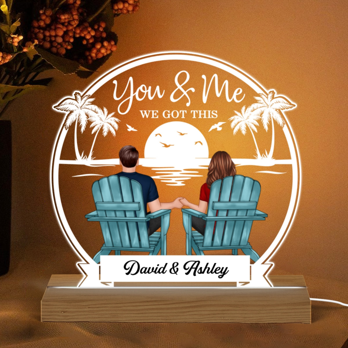 Beach Landscape Back View Couple Sitting Personalized Custom Shape Acrylic Plaque Warm LED Night Light