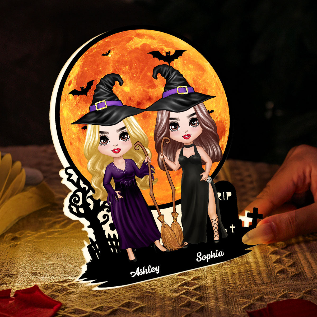 Witch Besties Under Halloween Moon Tabletop Wicca Pagan Decor Personalized Light Box, Halloween Decor