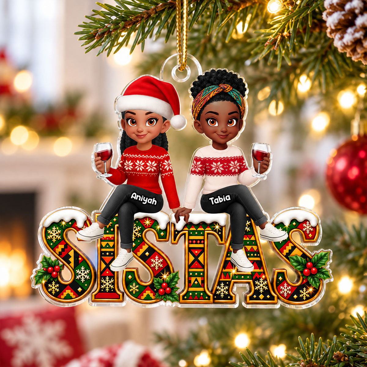 Besties Sisters Sistas Forever Tribal Pattern - Personalized Acrylic Ornament - Christmas Gift For Best Friends