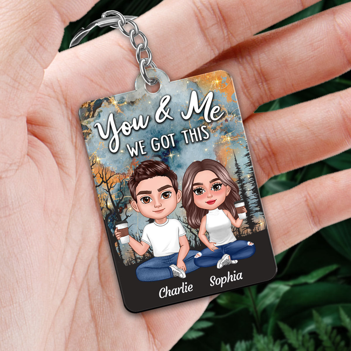 Doll Couple Sitting Earth Pattern Favorite Song QR Code Personalized Acrylic Keychain