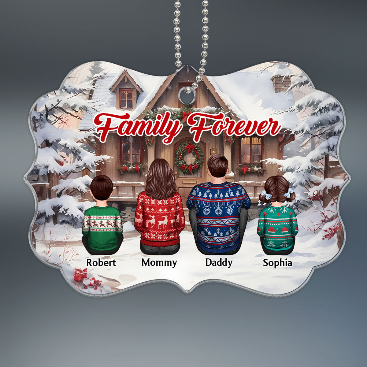 Snow House Back View Family Sitting Personalized Acrylic Ornament
