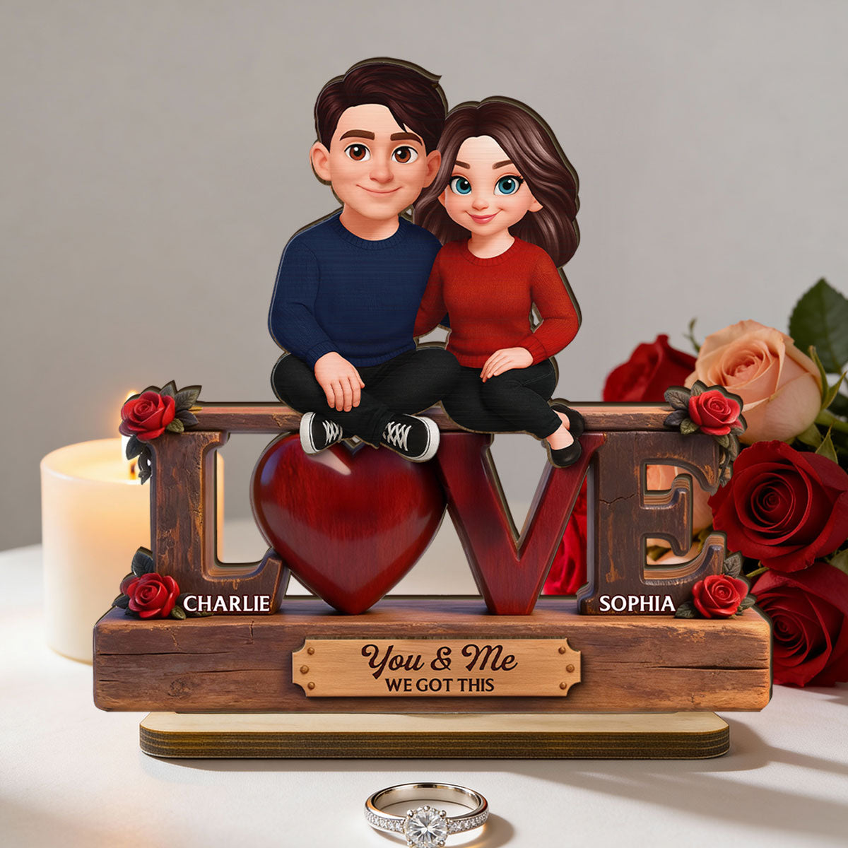 Roses LOVE Couple Sitting Embracing - Personalized 2-Layered Wooden Plaque - Valentine's Day Gift For Couple, For Him, For Her