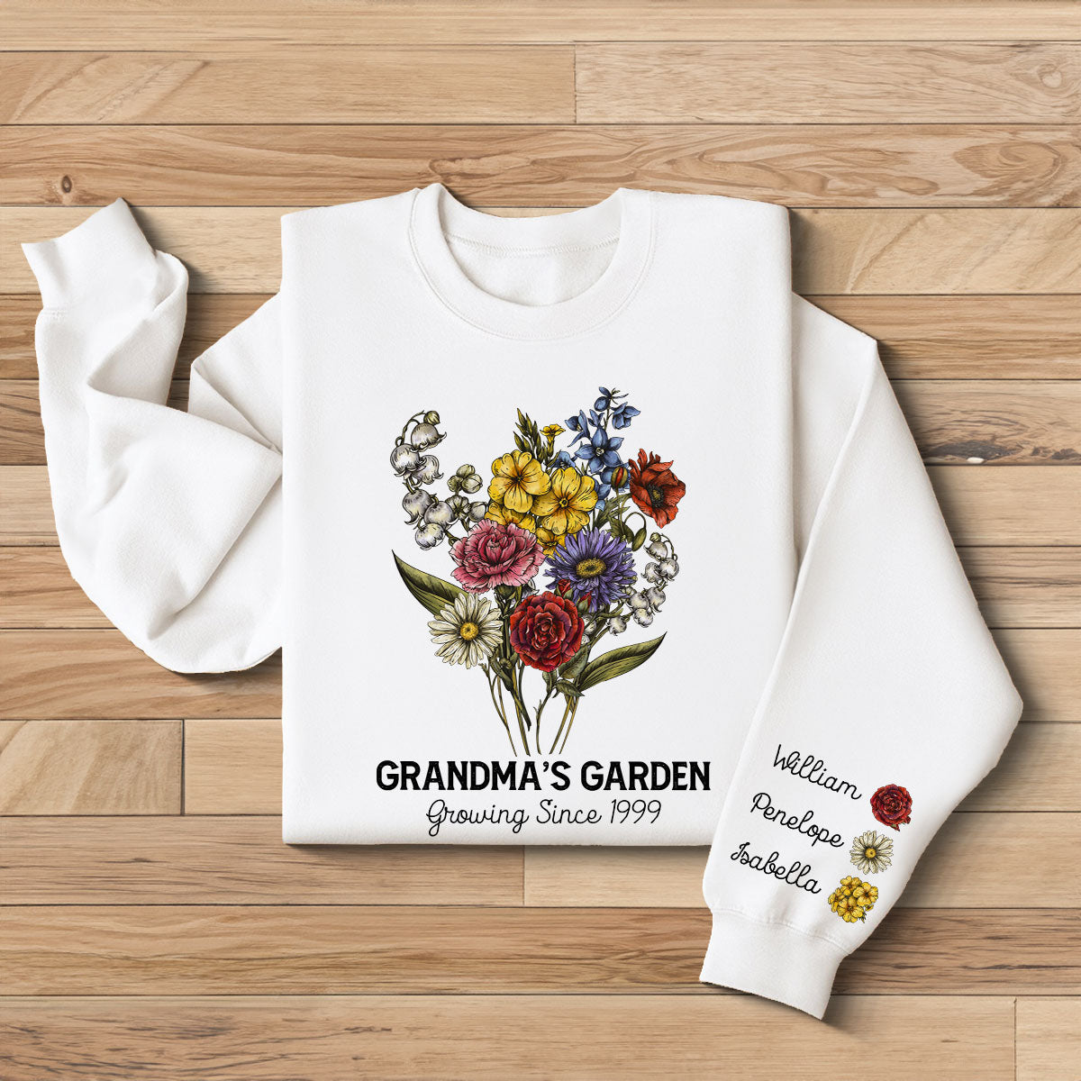 Grandma‘s Garden Beautiful Vintage Birth Month Flowers Bouquet Personalized Sleeve Printed Sweatshirt