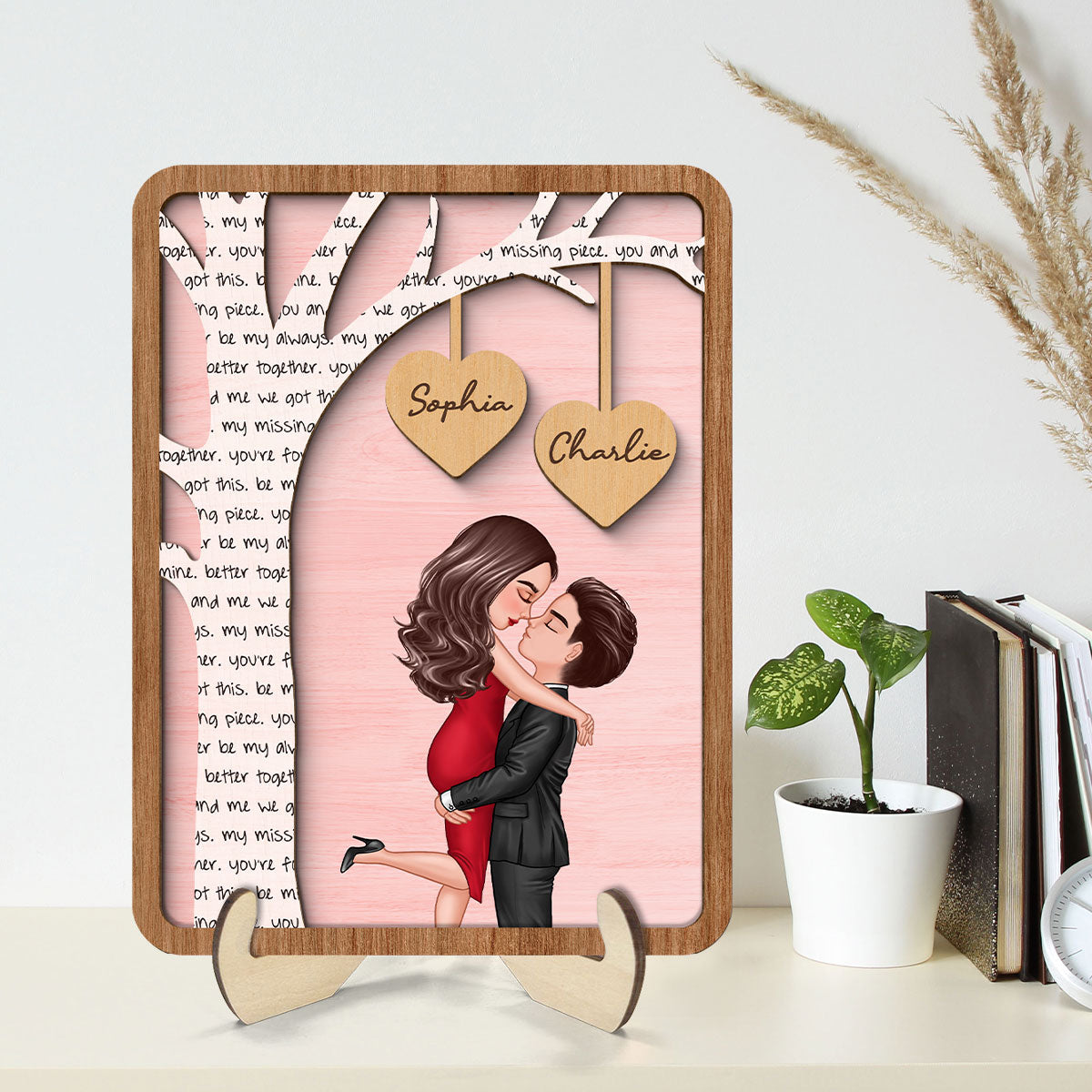 Couple Hugging Kissing Under Text Tree Personalized 2-layer Wooden Plaque,  Gift For Him, For Her