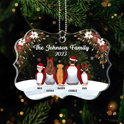 Family Pajamas Back View In Snow Poinsettia Personalized Acrylic Ornament