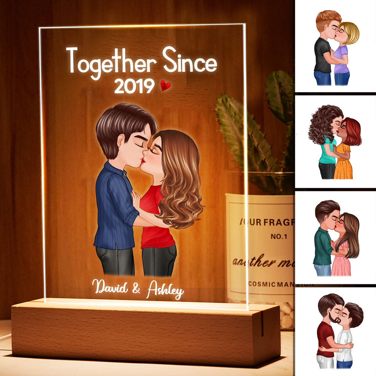 Doll Couple Kissing Anniversary Gift For Him Gift For Her Personalized Rectangle Acrylic Plaque LED Lamp Night Light