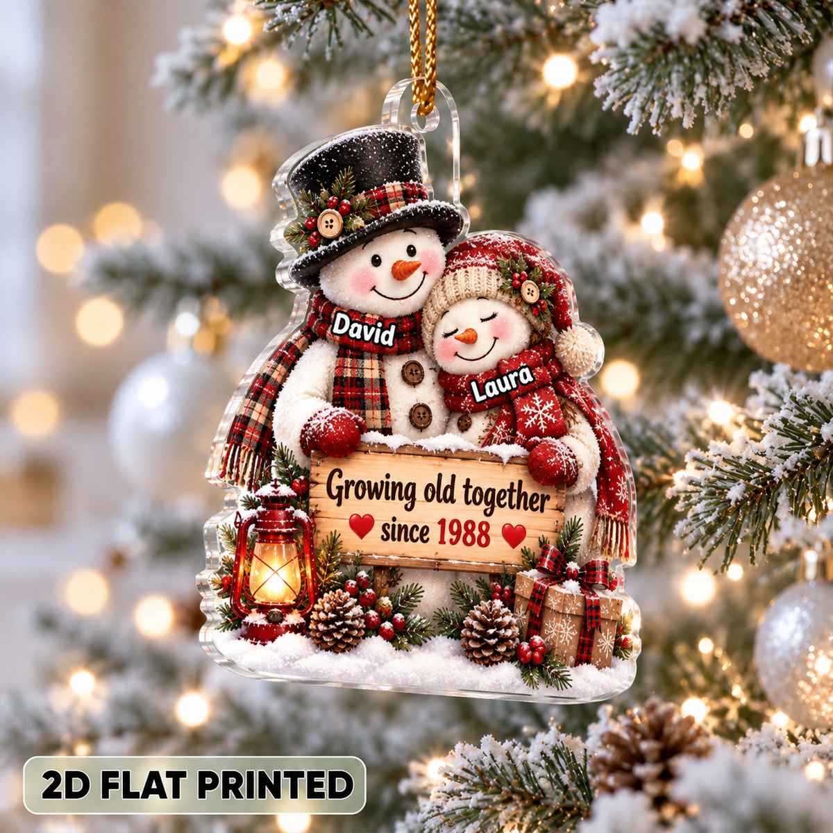 Snowman Couple Hugging Growing Old Together - Personalized Acrylic Ornament - Heartfelt Christmas Gift for Her, for Him