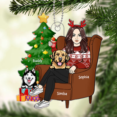 Woman Sitting On Chair With Dogs Christmas Gift For Dog Lover Personalized Acrylic Ornament