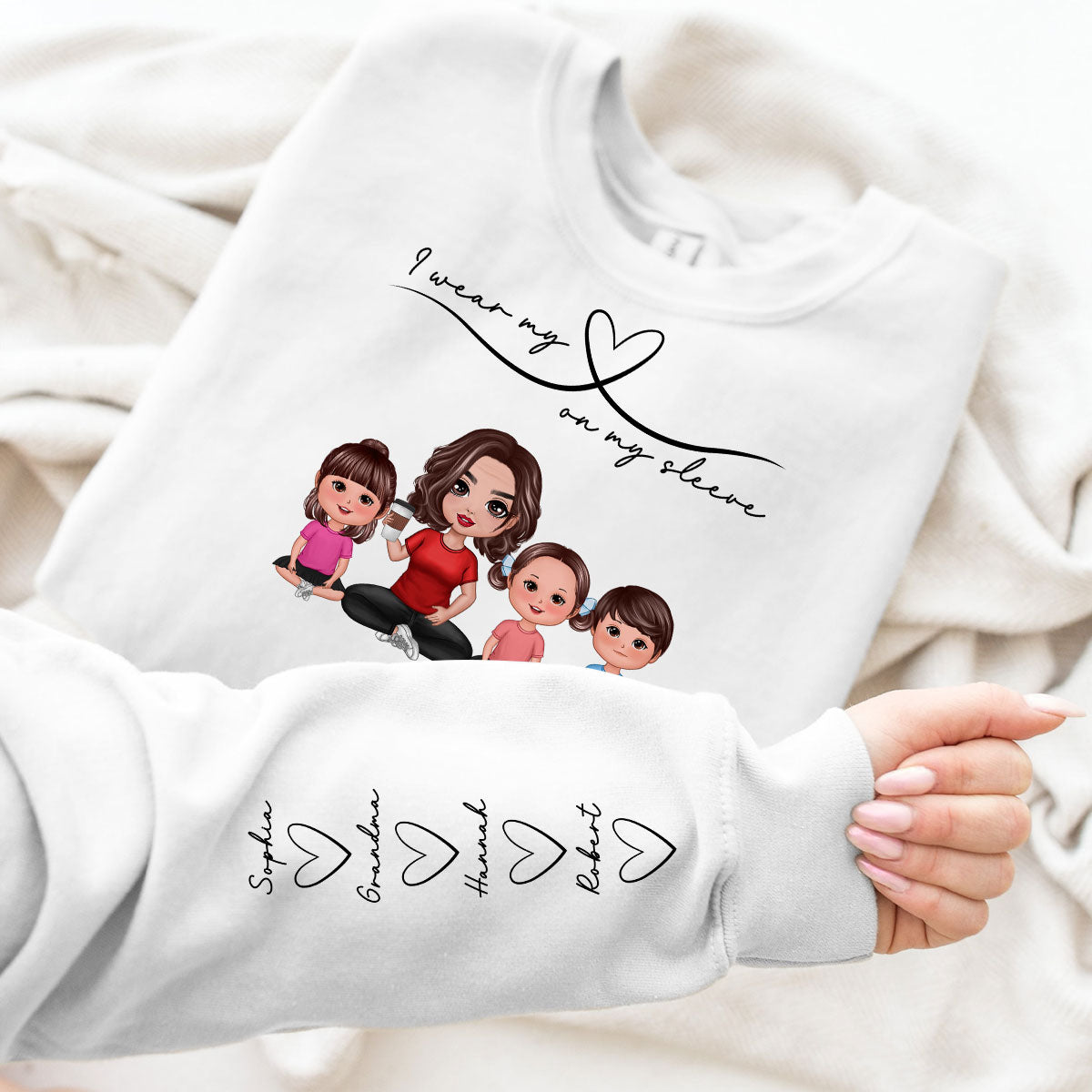 Grandma Mom Wear Her Heart On Her Sleeve, Beautiful Heart Design, Personalized Sleeve Printed Sweatshirt, Gift For Grandma