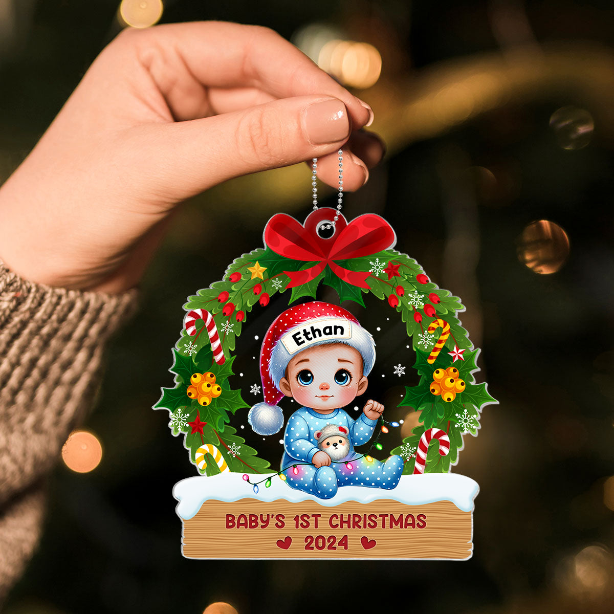 Baby's First Christmas Wreath Personalized Acrylic Ornament, Baby's First Christmas Keepsake for New Mom New Dad