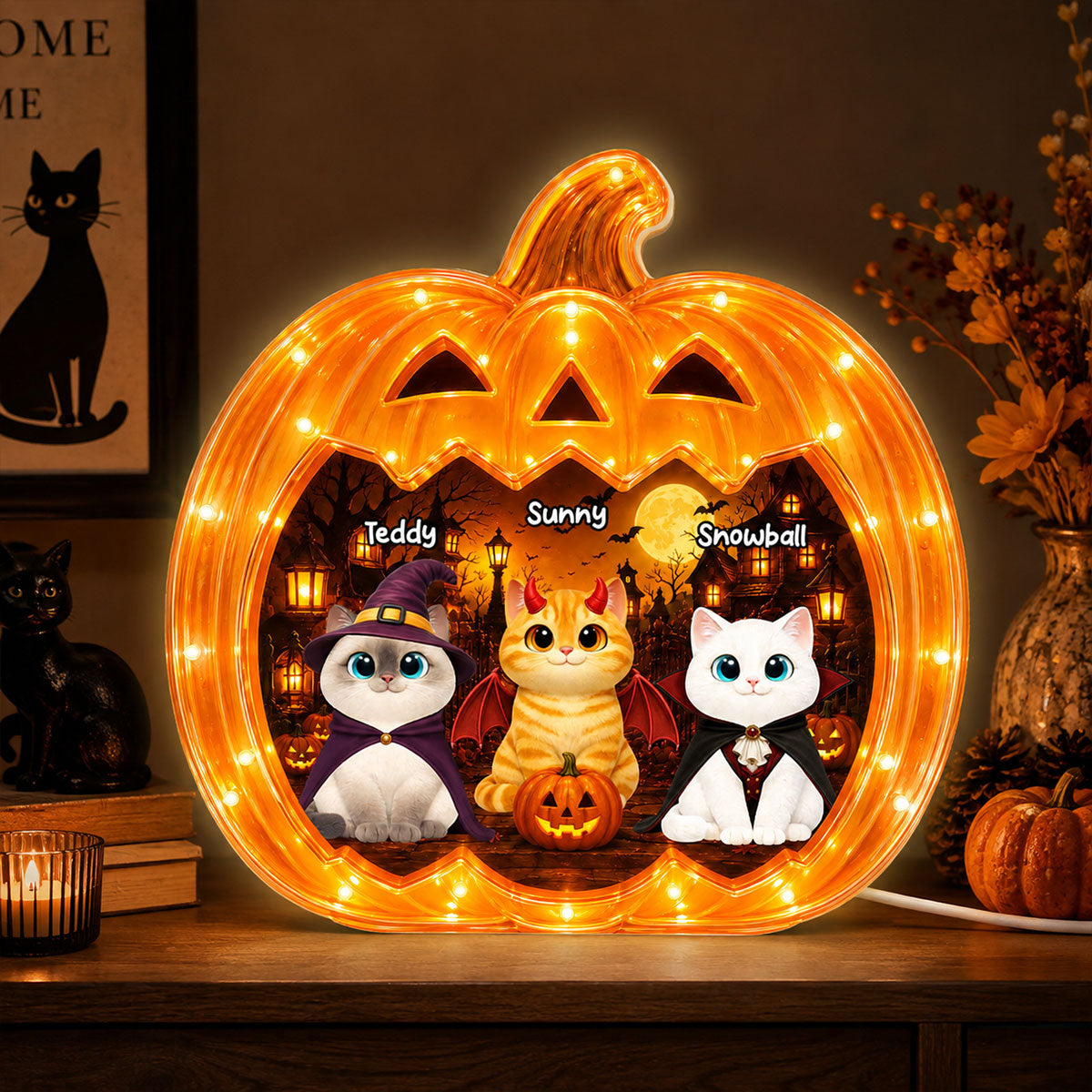 Spooky Halloween Pumpkin Cats - Personalized Light Box - Halloween Decor For Cat Lovers