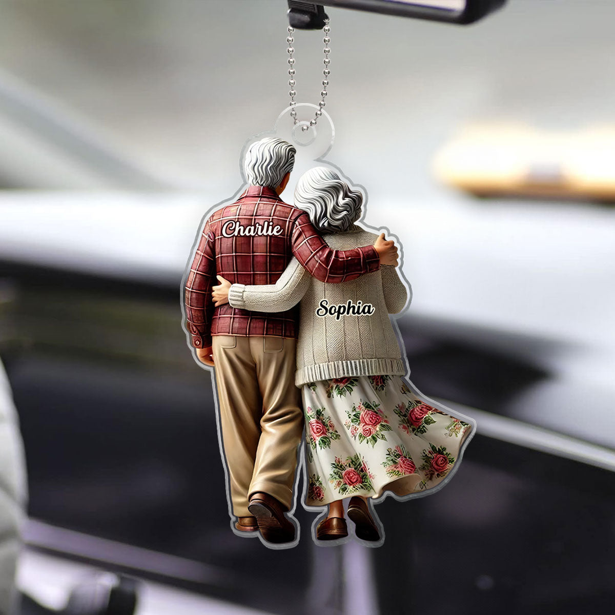 3D Effect Old Couple Walking Together Personalized Car Hanger Ornament, Heartfelt Gift For Couple, For Him, For Her, Husband, Wife
