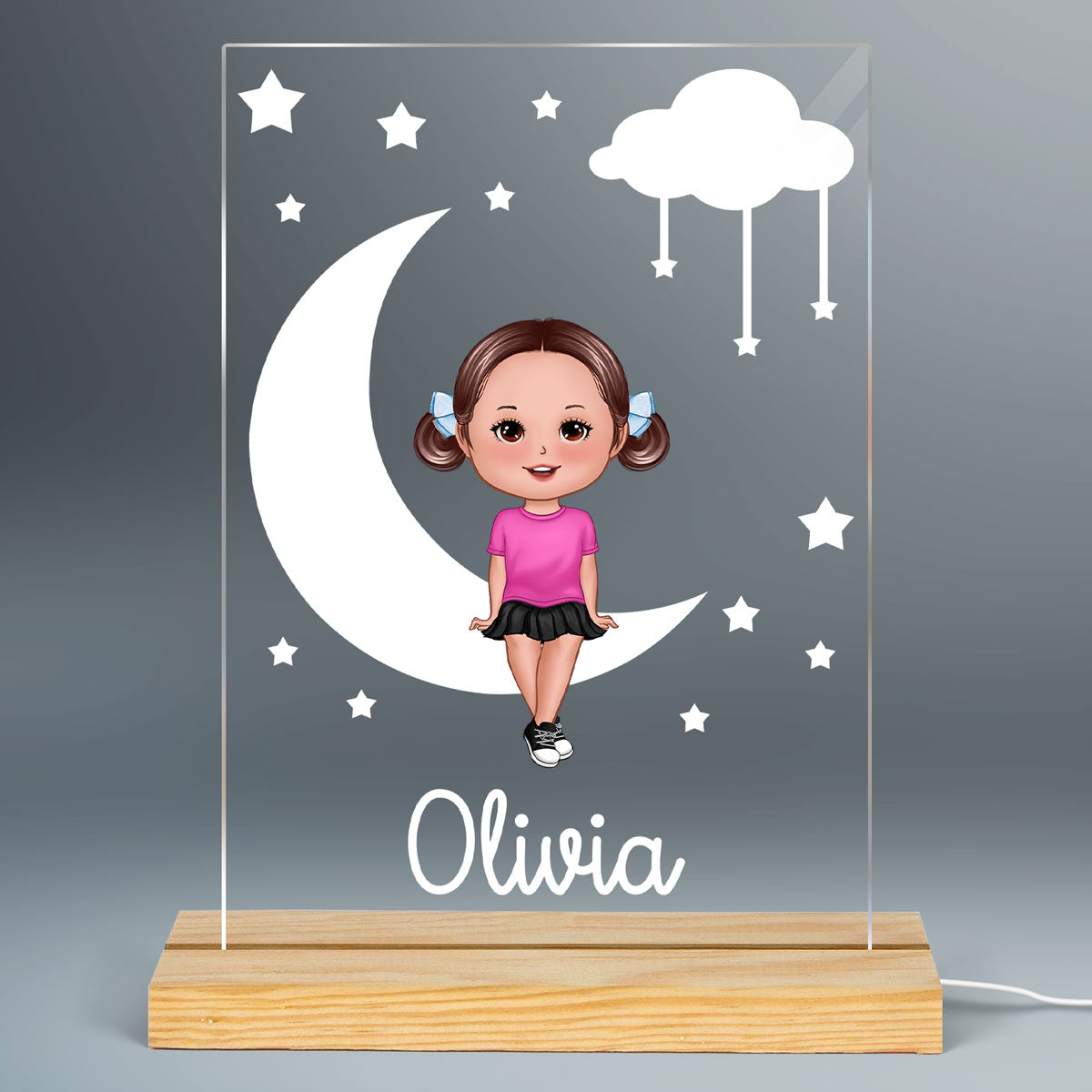 Cute Kid Sitting On Moon Nursery Decor Personalized Acrylic Plaque With LED Night Light - Gift For Grandchildren, Son, Daughter - Nursery Lamp