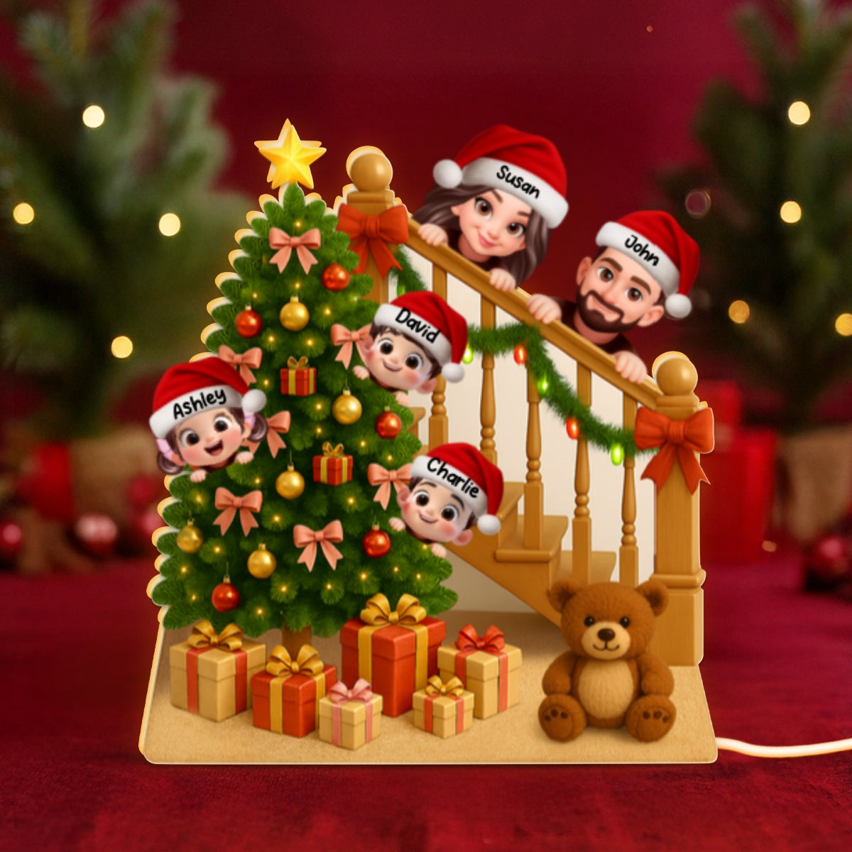 Peeking Family Christmas Tree And Stair Personalized LED Light Box