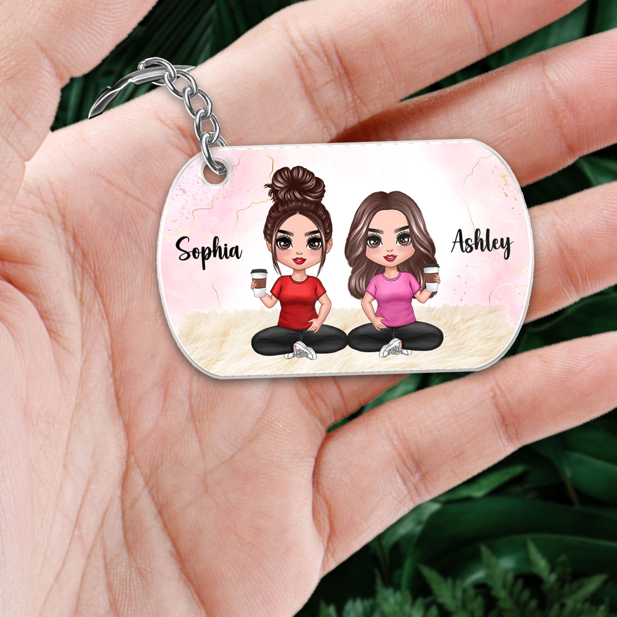 Besties Sisters Forever Watercolor Doll Girl Sitting Personalized Acrylic Keychain