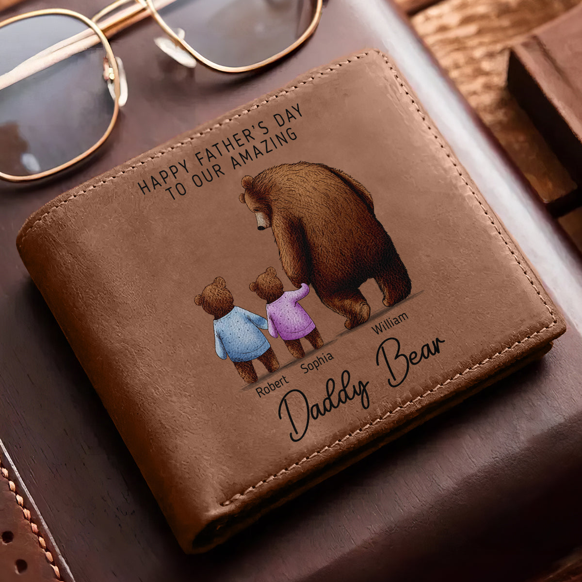 Daddy Bear With His Cubs Personalized Printed Leather Wallet