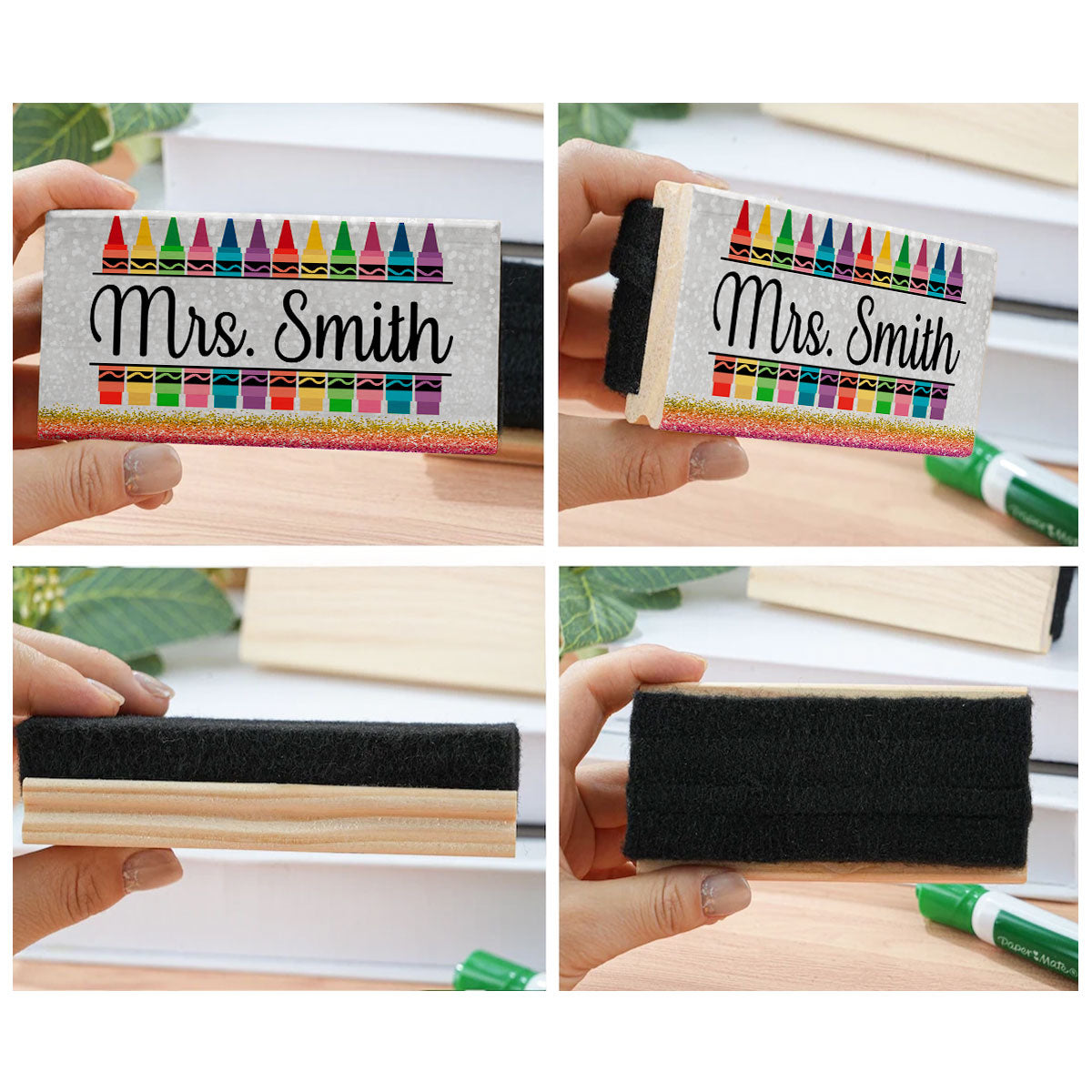 Teacher Pencil Glitter Pattern Personalized Teacher Whiteboard/Chalkboard Eraser with Marker, Teacher Appreciation Gifts, Back-to-School Teacher Gift Set