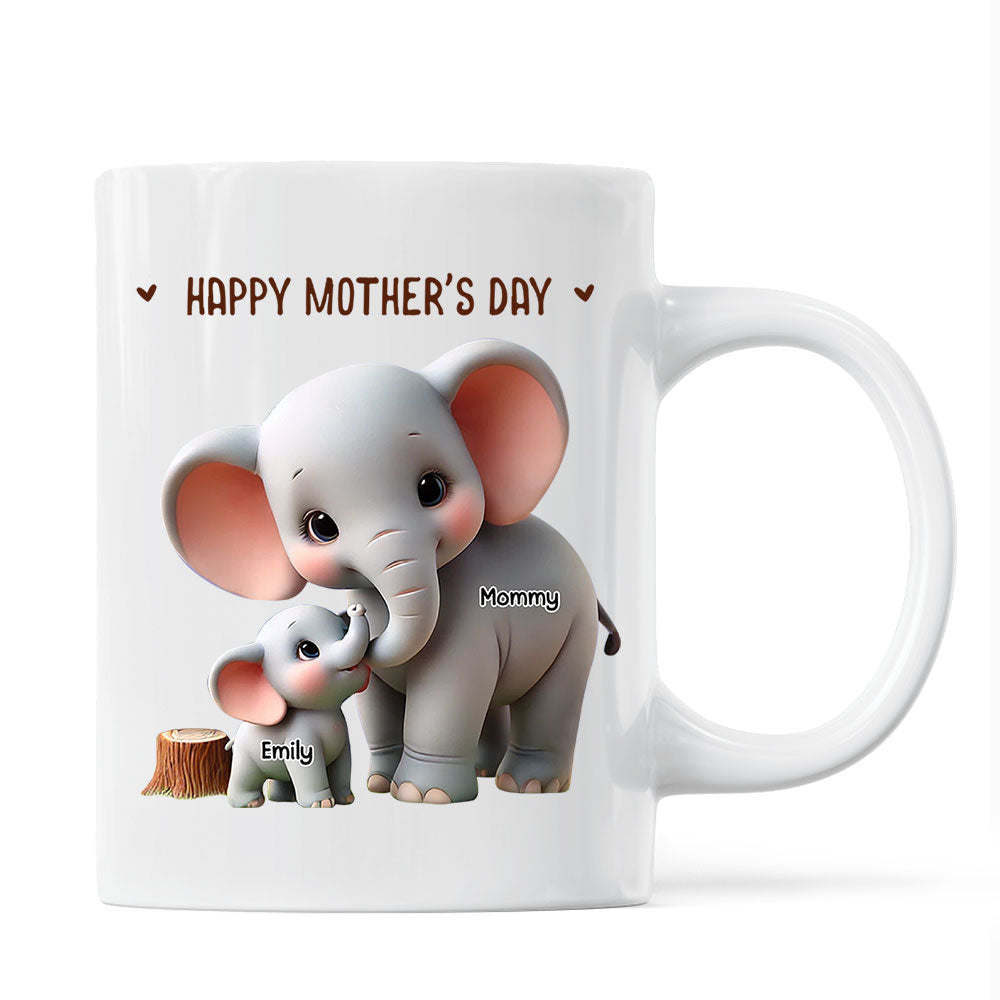 3D Effect Adorable Elephant Mom & Kids Grandma & Grandkids Personalized Mug, Perfect 2025 Gift For Mom, For Grandma