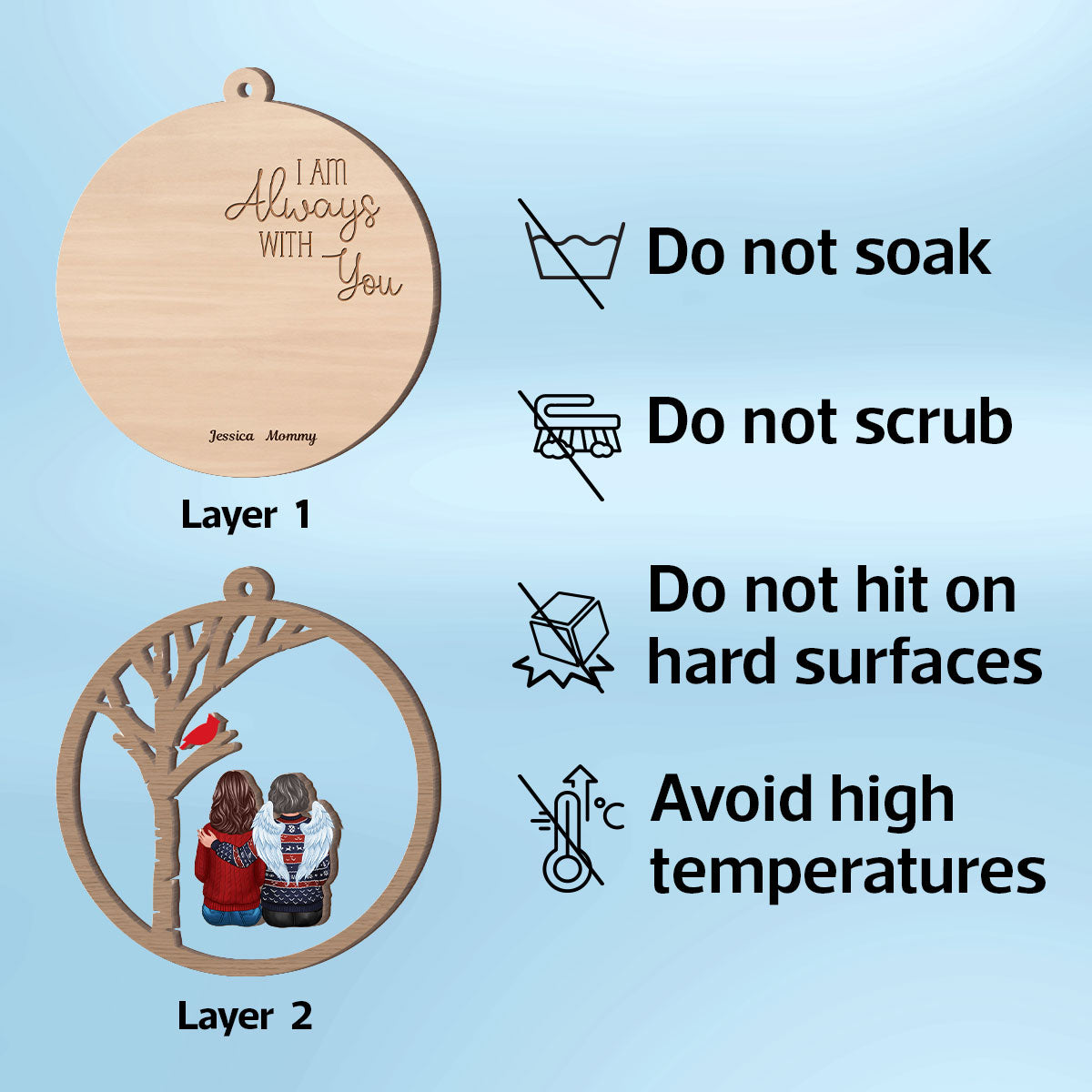 Always With You Cardinal Family Memorial Christmas Personalized 2-Layer Wooden Ornament