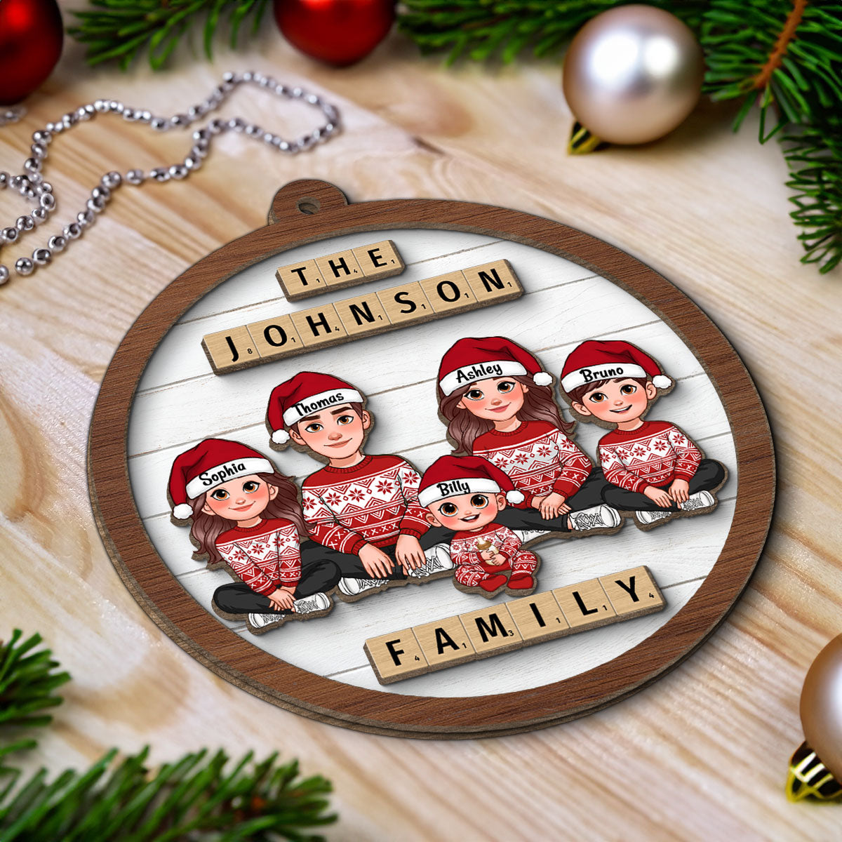 Animated Family Sitting Wooden Blocks Personalized 2-Layer Wooden Ornament, Christmas Decoration, Christmas Gift For Family