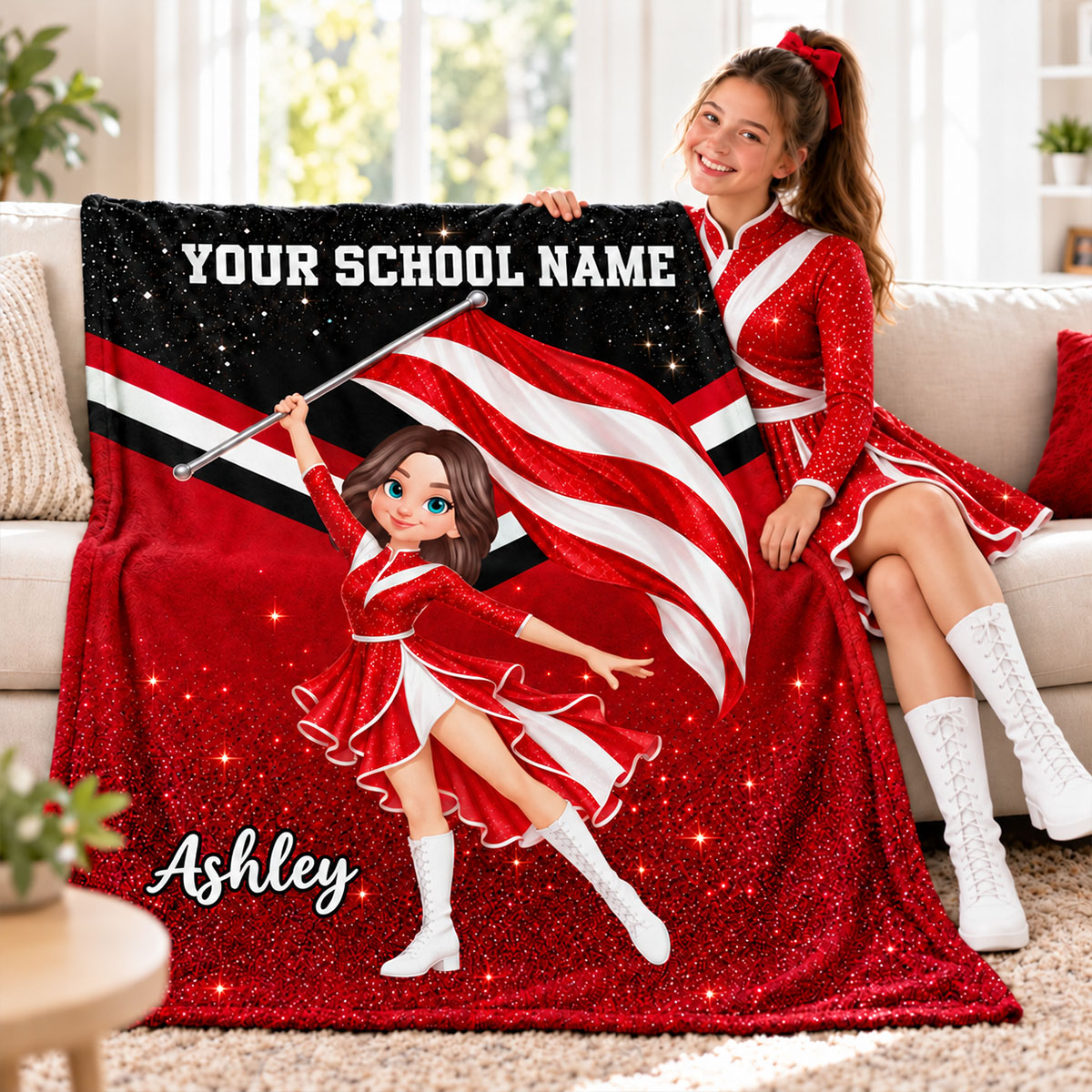 Custom Marching Band Color Guard, Baton Twirler, Personalized Name, Color, School - Personalized Fleece Blanket - Christmas Gift For Daughter, Granddaughter