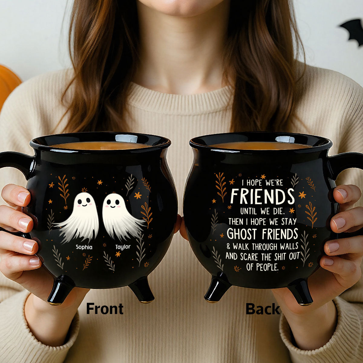 Halloween Ghost Friends Besties Personalized Ceramic Cauldron Mug