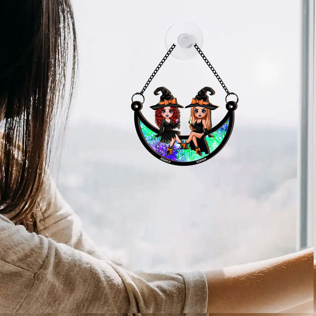 Halloween Witch Besties Sitting On Moon Personalized Window Hanging Suncatcher Ornament, Halloween Decor