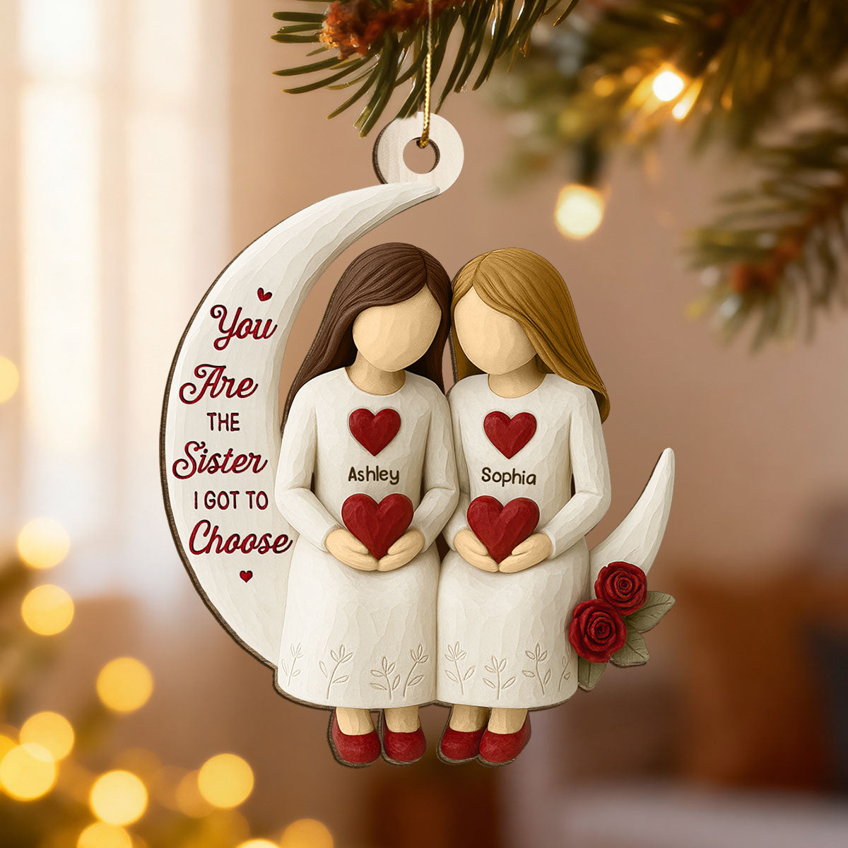 3D Effect Roses Besties On Moon - Personalized Wooden Ornament - Christmas Gift For Best Friends