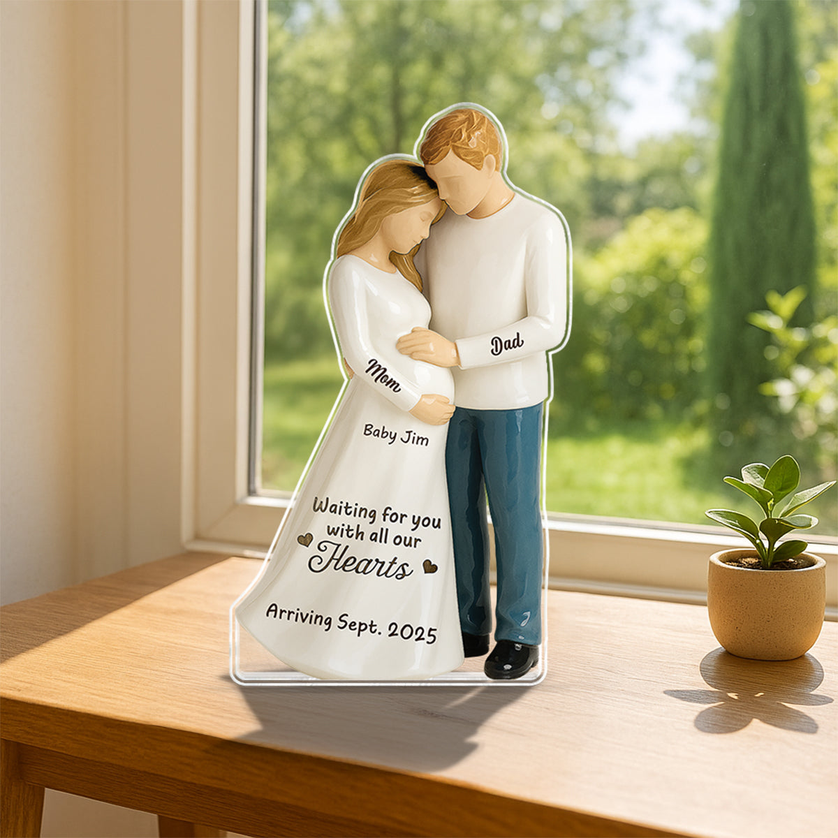Waiting For You With All Our Hearts 3D Effect Couple Expecting Baby Personalized Acrylic Flat Block Plaque, Baby Shower Gift For Parents-to-be