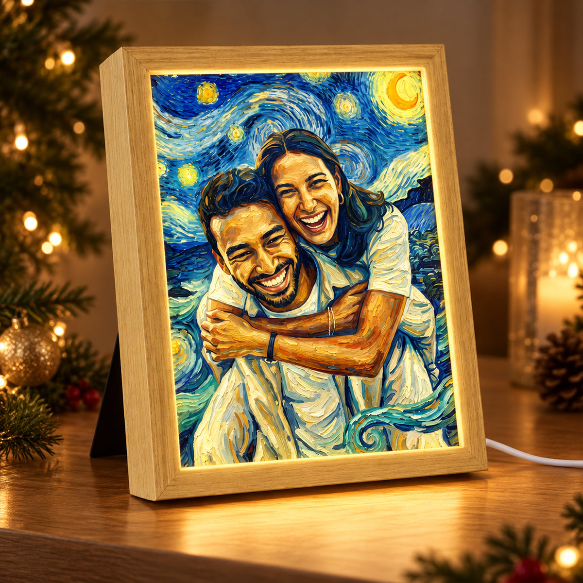 Custom Couple Van Gogh Portrait from Photo - Personalized Mirror Light Box - Heartfelt Anniversary Gift for Her, for Him, Christmas Keepsake
