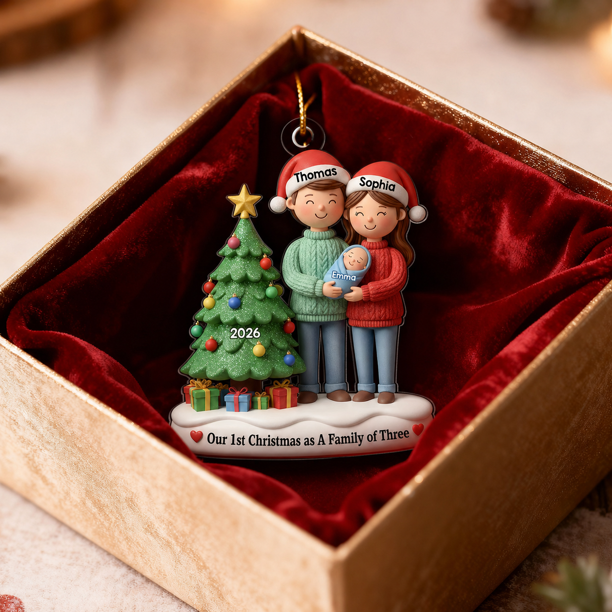 3D Effect First Christmas As Family Of Three Mom Dad & Baby By Tree - Personalized Acrylic Ornament