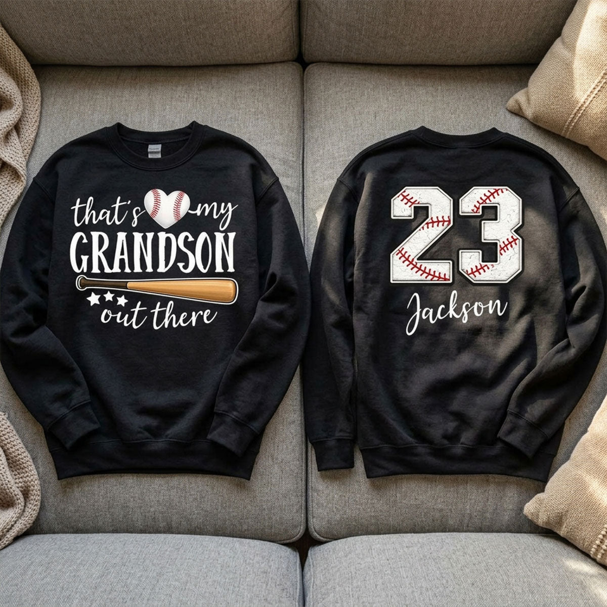 That's My Grandson Out There - Personalized Double Sided Sweatshirt - Baseball Softball Grandma Mom