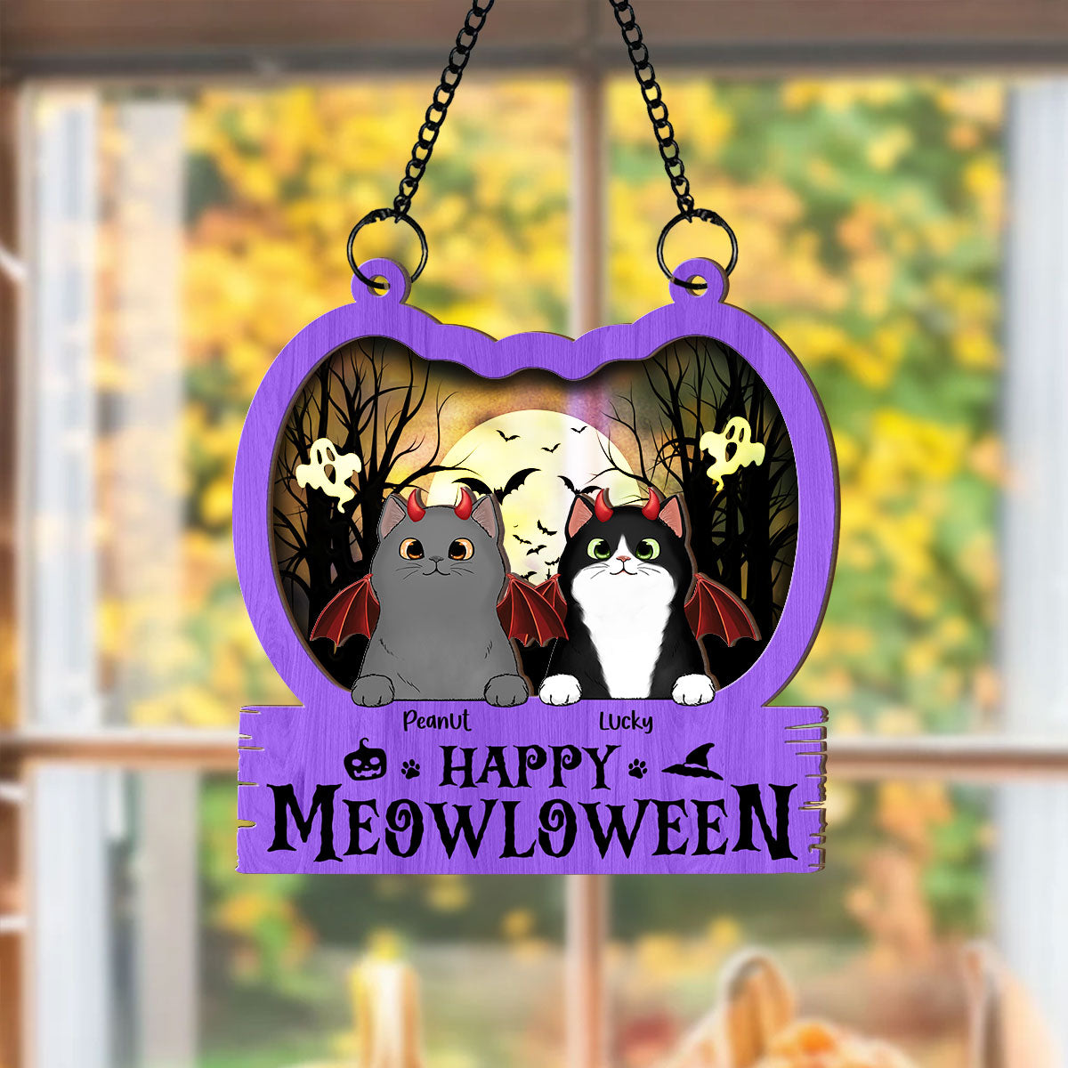 Halloween Cats In Pumpkin Personalized Suncatcher, Halloween Decor