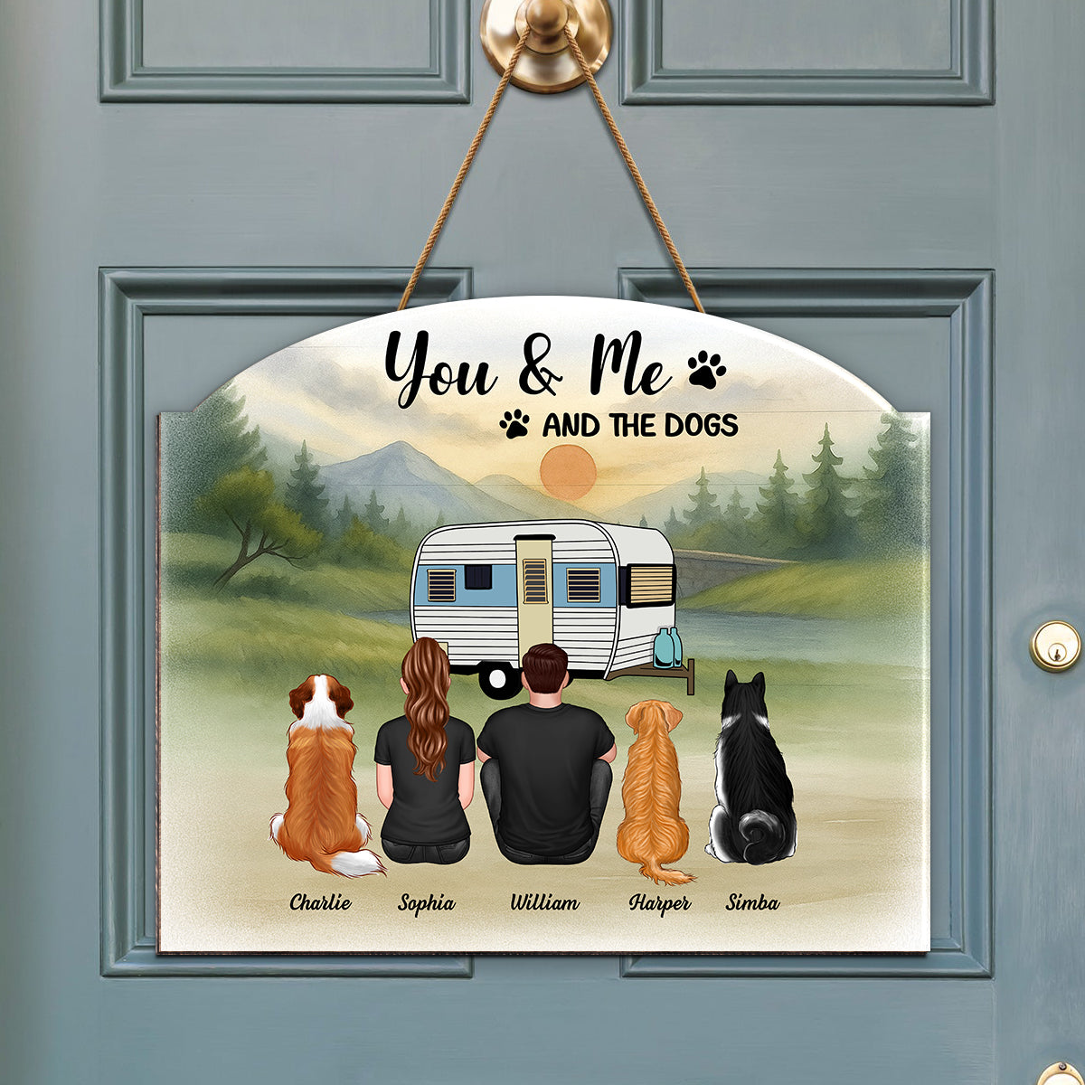 Couple And Dogs Camping Retro Mountain Personalized Wood Sign, Gift for Camping & Dog Lovers