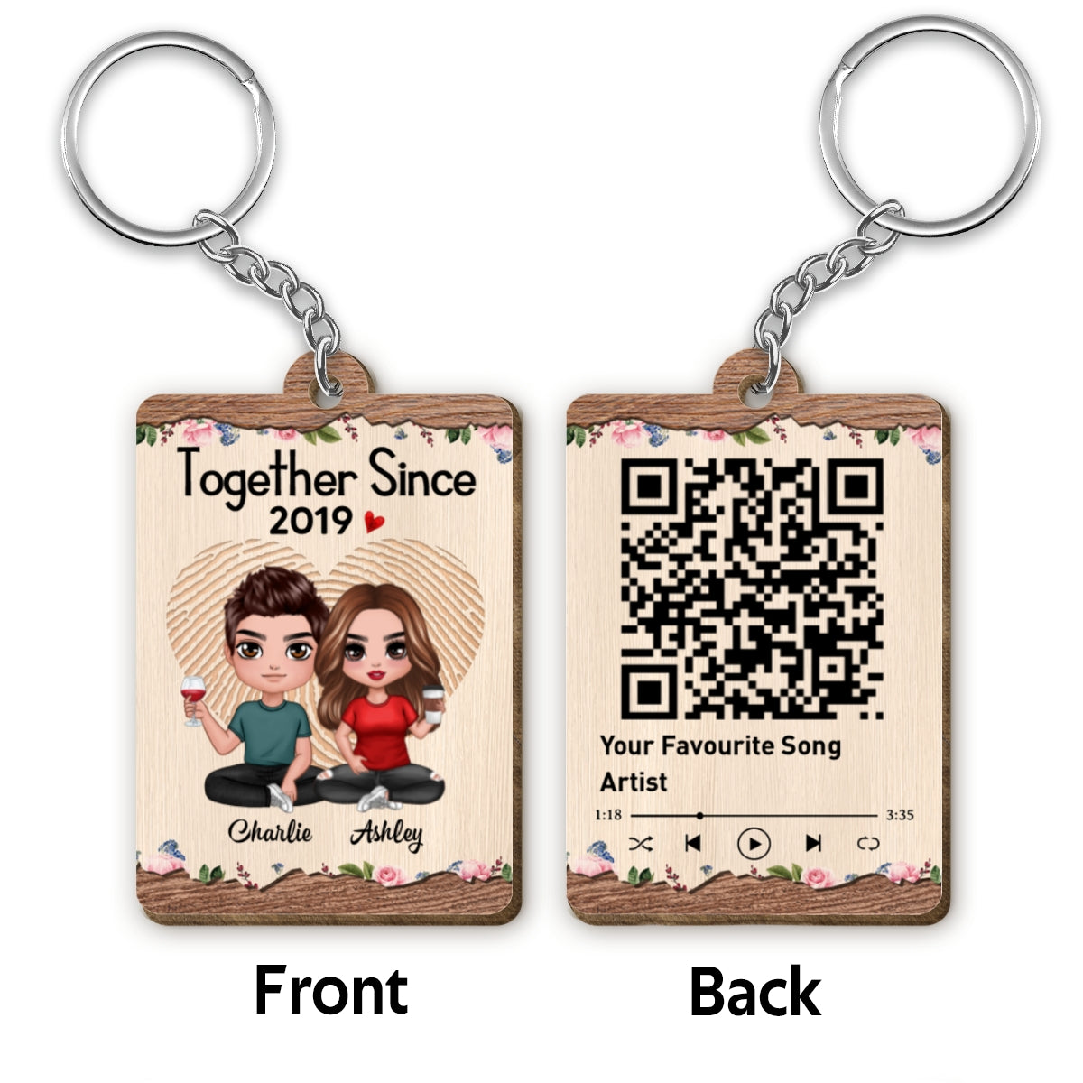 Doll Couple Sitting Favorite Song Scannable QR Code Floral Personalized Wooden Keychain