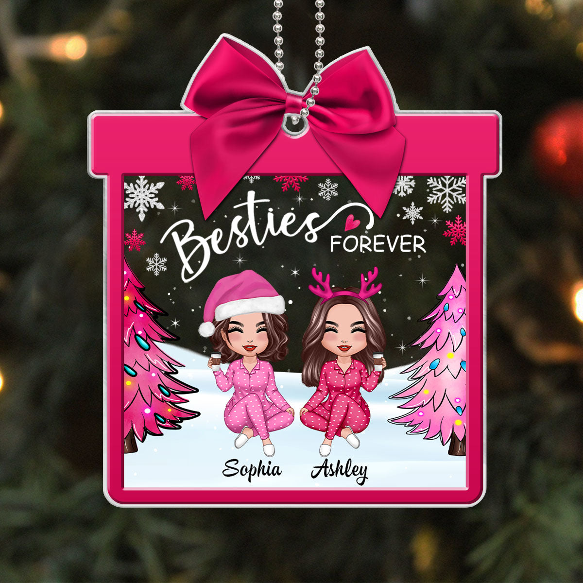 Pink Besties Coquette Personalized Acrylic Ornament, Gift For Best Friends