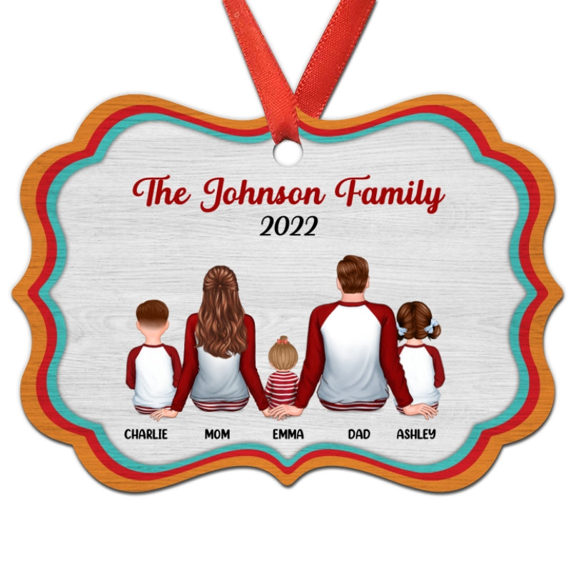 Family Pajamas Sitting Colorful Border Personalized Christmas Ornament