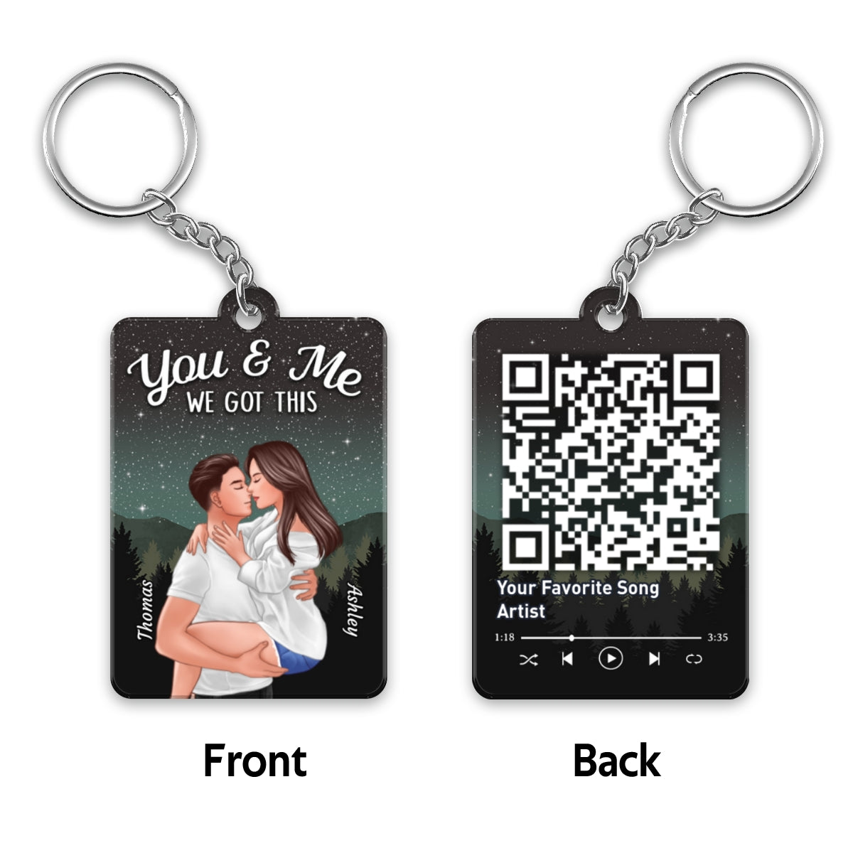 Man Holding Woman Kissing Under Stars Sky Forest Favorite Song QR Code Personalized Acrylic Keychain